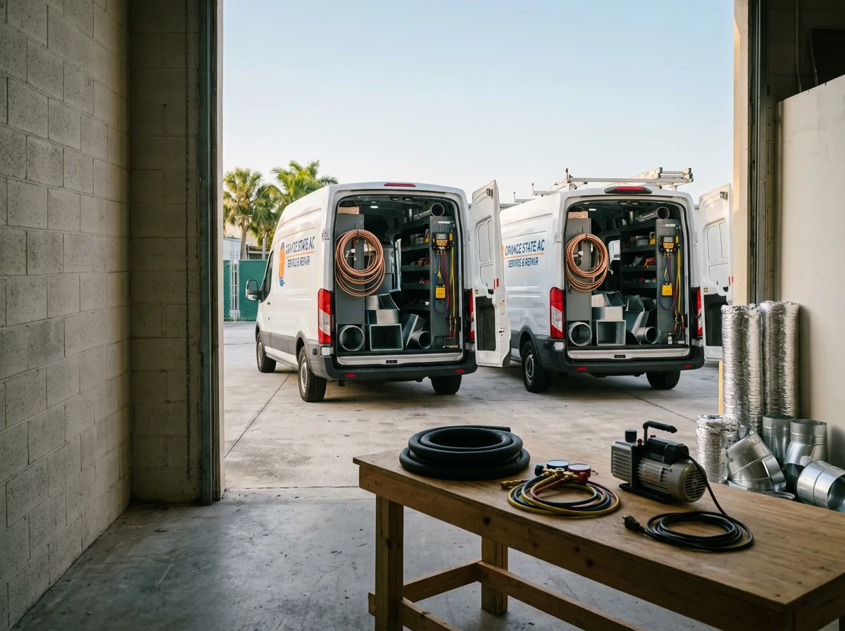 Service trucks and mechanical equipment ready for air conditioning and ductwork installation projects.