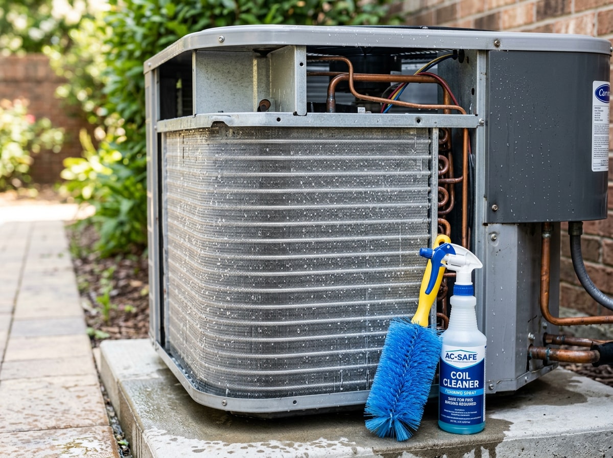 Technician cleaning an outdoor condenser coil as part of an AC tune-up checklist