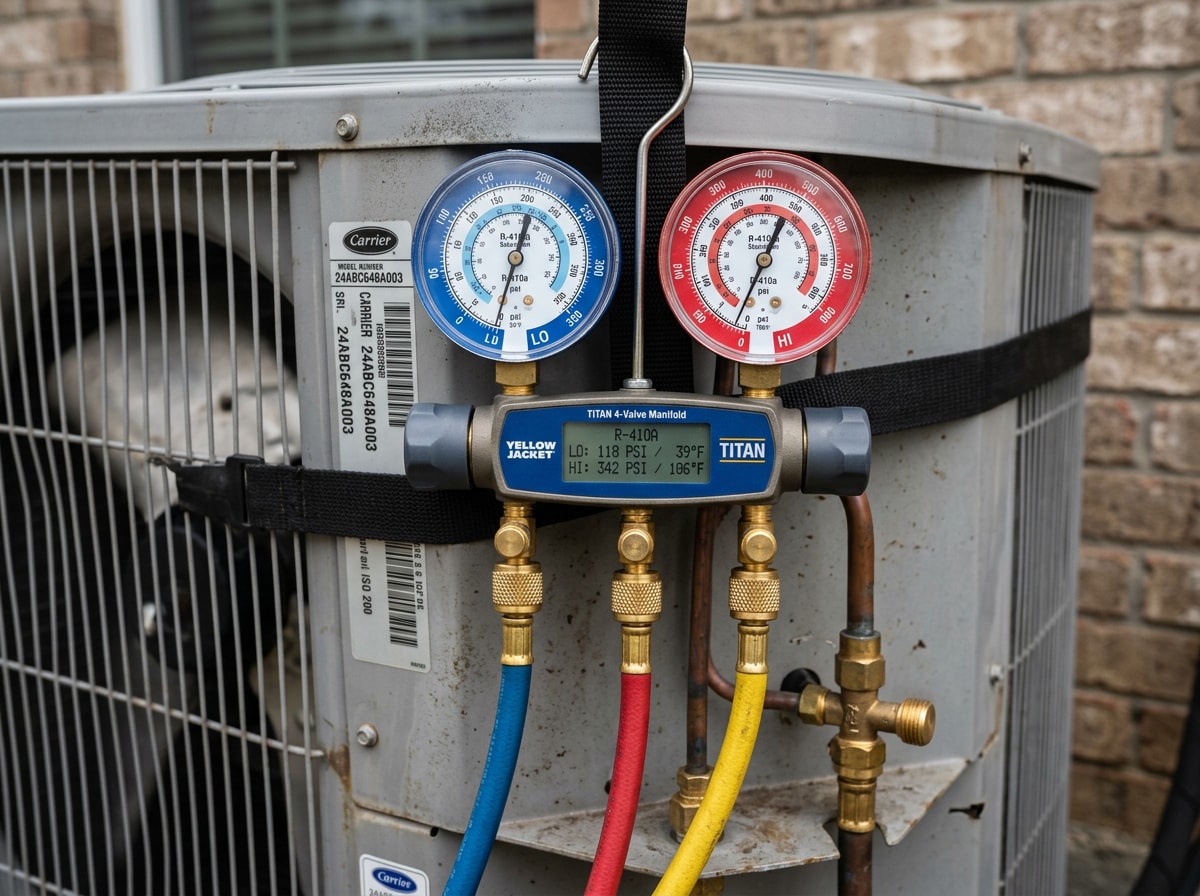 Close-up of a technician checking refrigerant pressure gauges during an AC tune-up