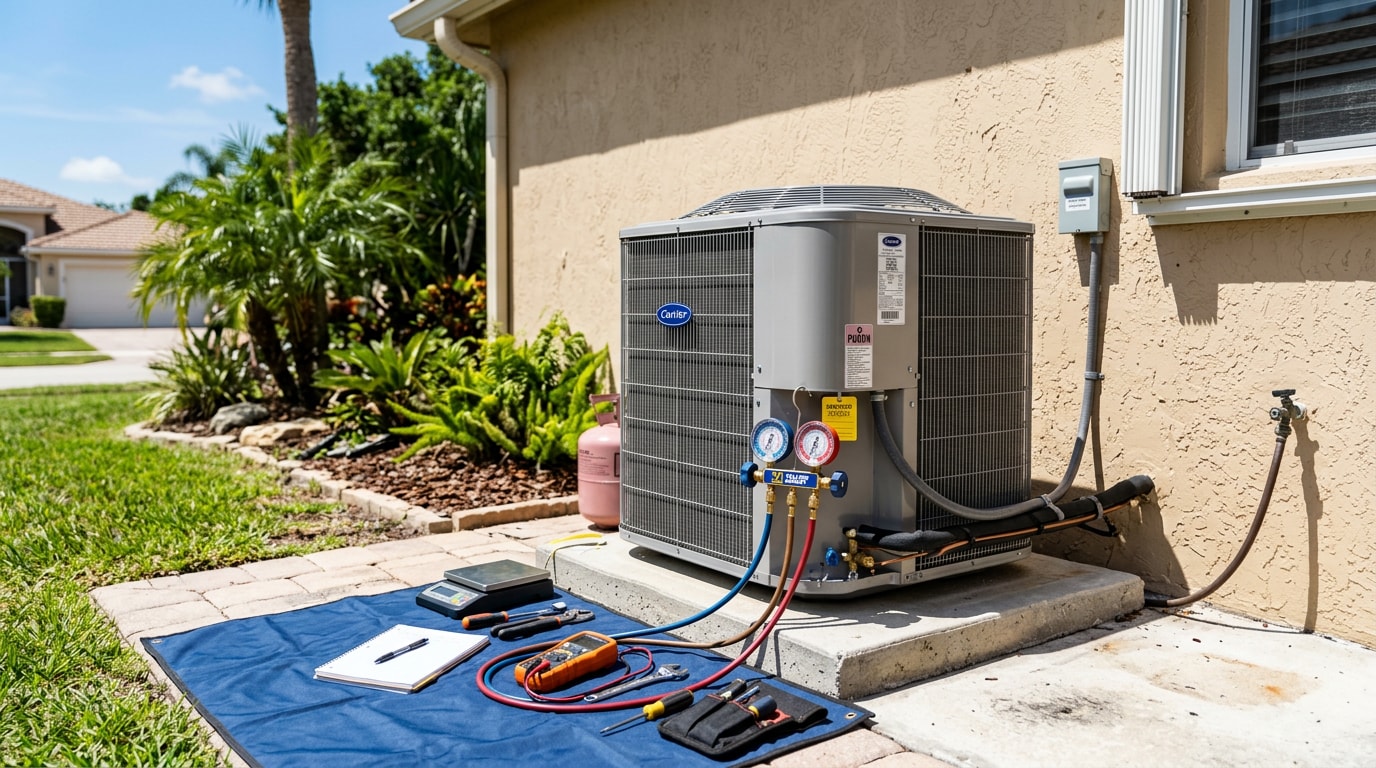 Outdoor AC condenser unit ready for a tune-up service at a Hallandale Beach, FL home