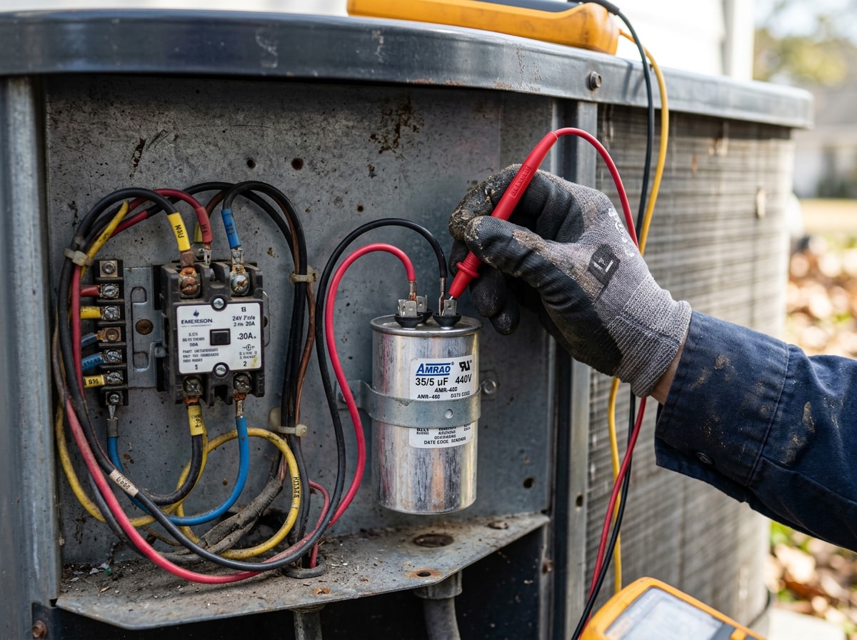 Technician testing an AC capacitor and electrical connections during a tune-up