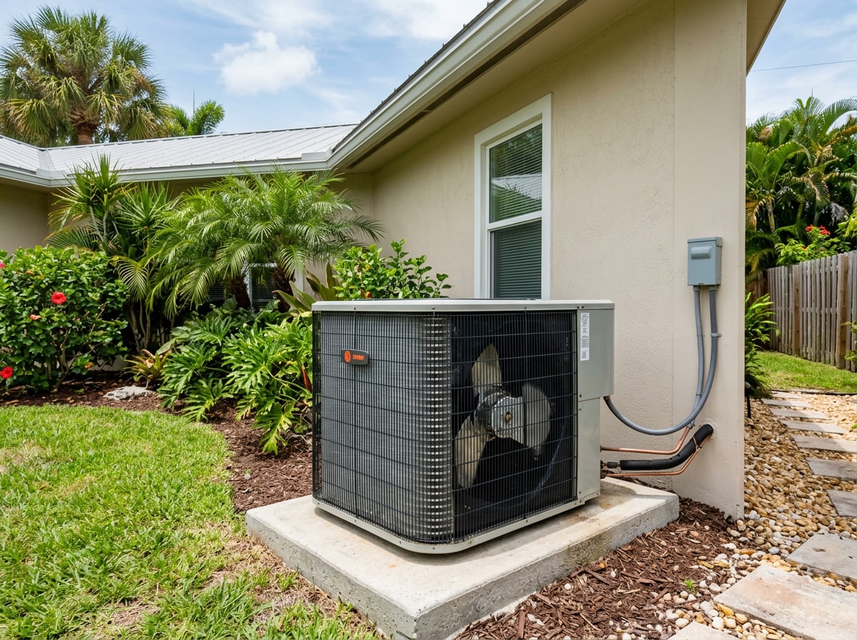 Outdoor condenser unit after a seasonal tune-up outside a Miami Beach home