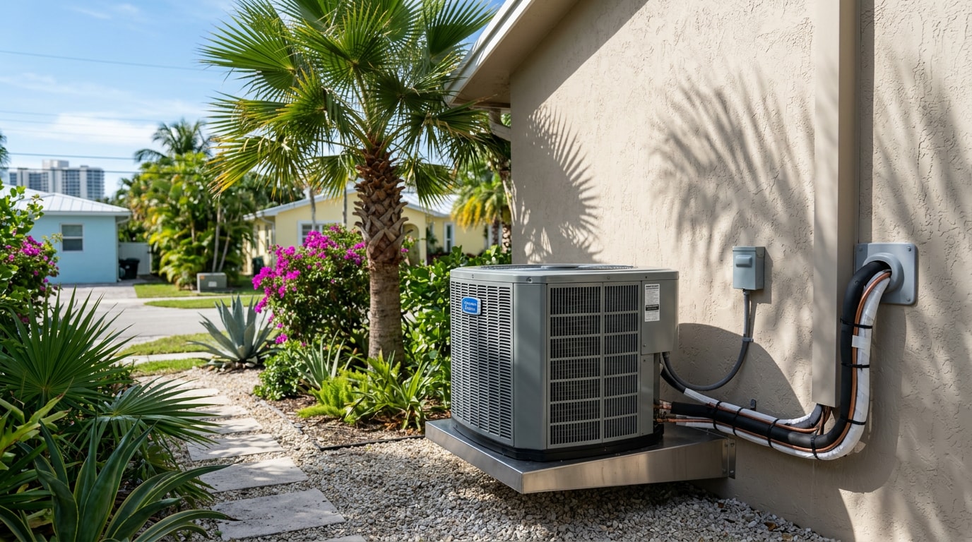 Outdoor AC condenser unit installed at a Miami Beach home