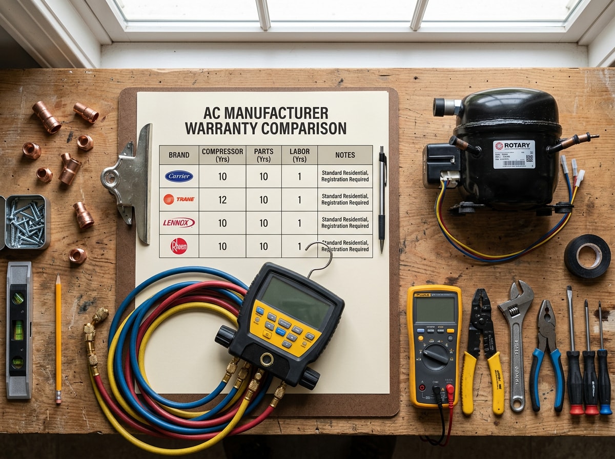 Comparison table showing manufacturer AC warranty lengths including compressor warranty and parts warranty registration deadlines