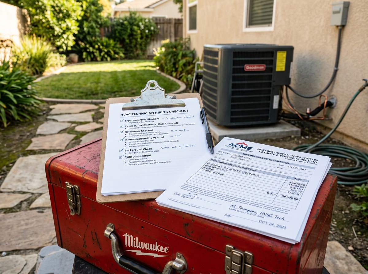 AC warranty checklist graphic showing steps for verifying insurance, written estimates, and warranty terms before hiring an HVAC contractor