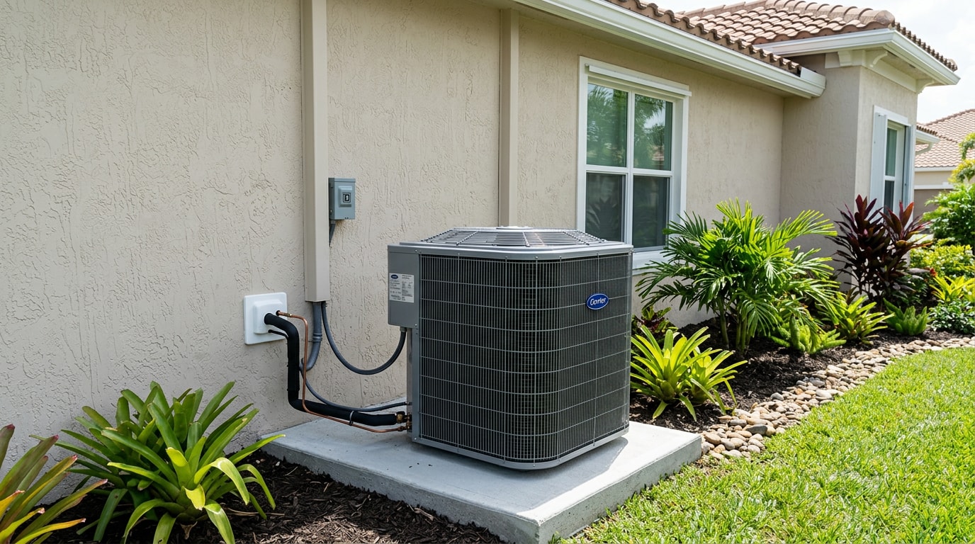 Residential AC condenser unit installed outside a Pembroke Pines, FL home Residential AC condenser unit installed outside a Pembroke Pines, FL home