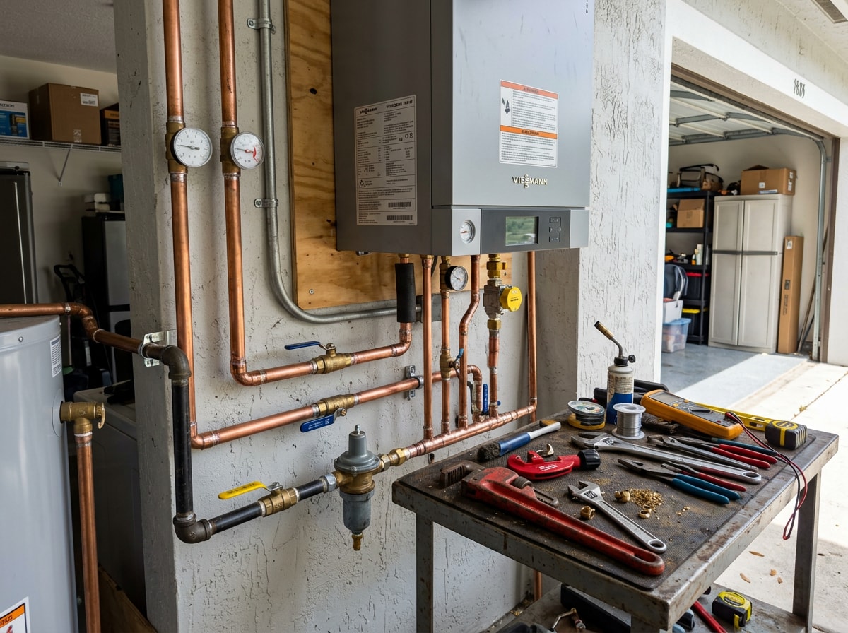 Technician installing a residential boiler system in a South Florida home