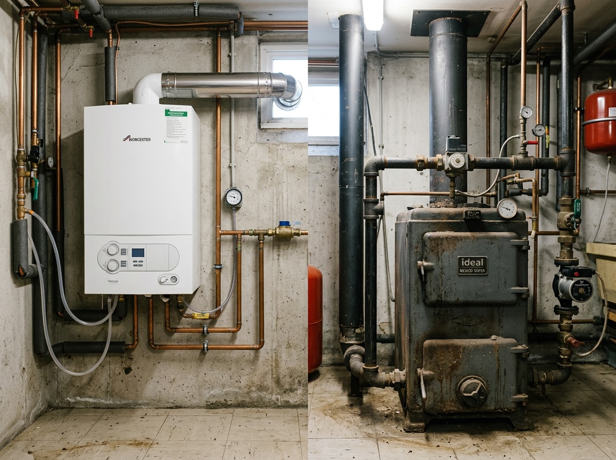 Comparison of high-efficiency and standard boiler equipment side by side