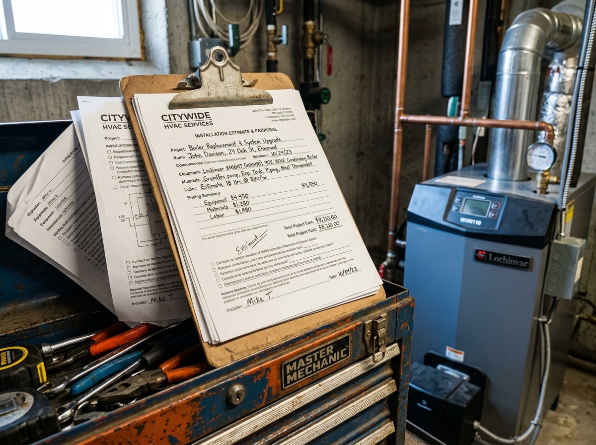 Technician reviewing a boiler installation quote with pricing paperwork