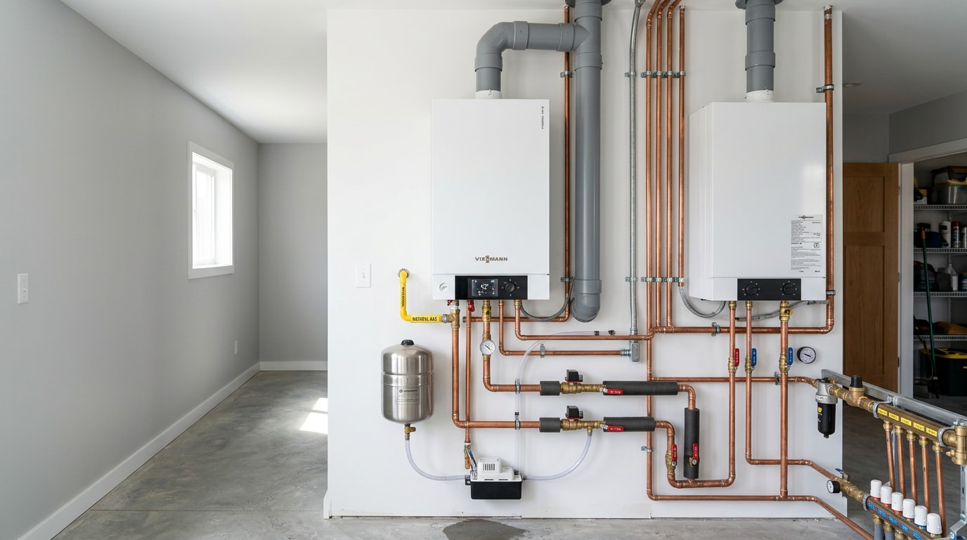 Modern residential boiler installation in a mechanical room