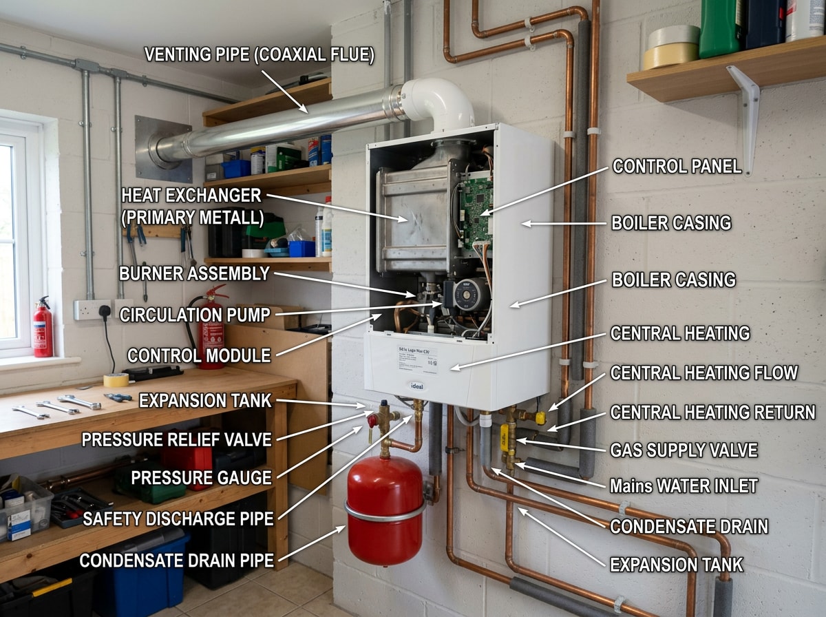 Labeled diagram of a residential gas boiler showing the heat exchanger, expansion tank, and venting components