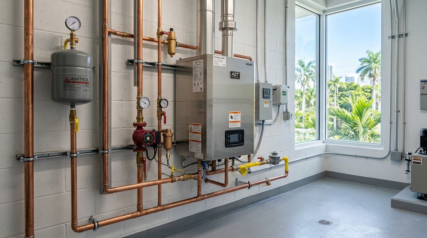 Finished commercial boiler installation in a Miami, FL mechanical room Finished commercial boiler installation in a Miami, FL mechanical room