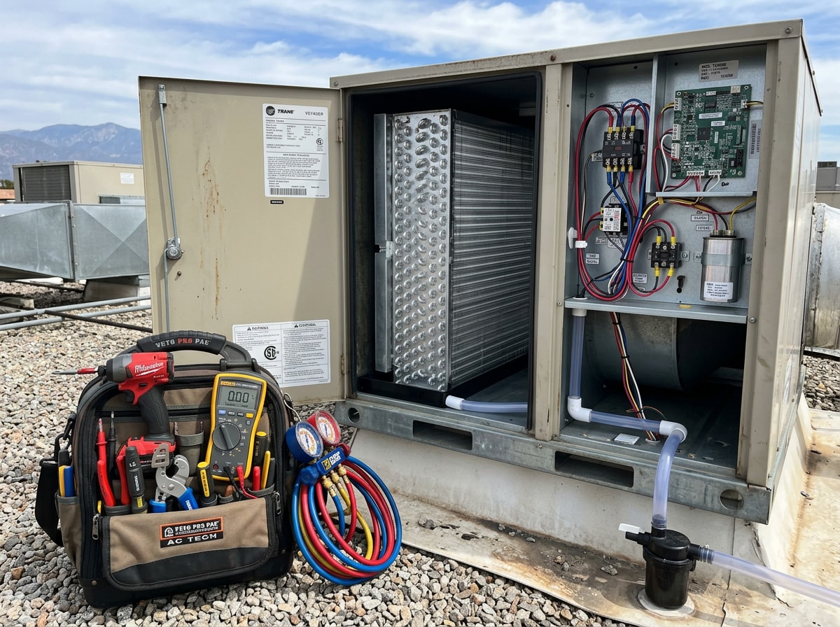 Technician servicing a commercial rooftop air conditioning unit in Homestead, FL