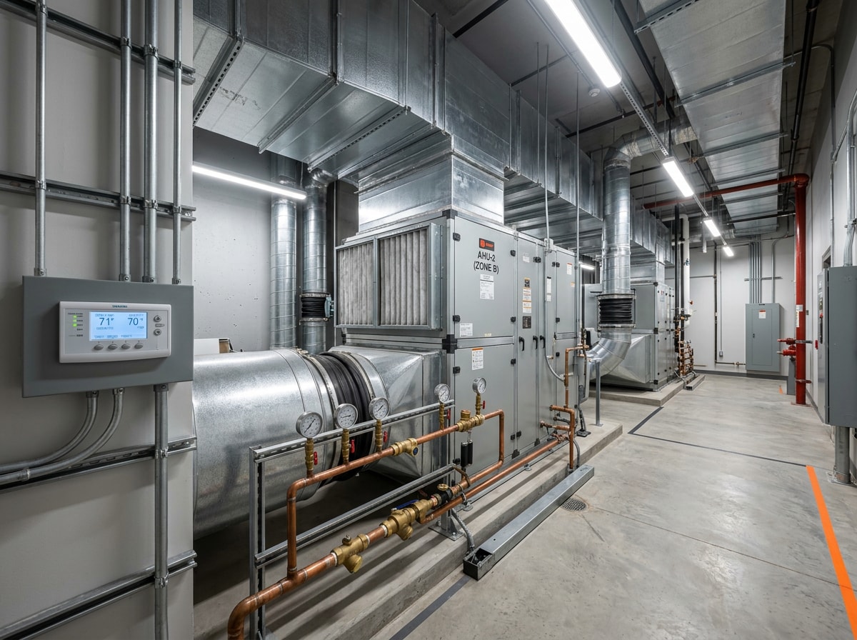 HVAC technician performing a whole-building commercial air conditioning evaluation