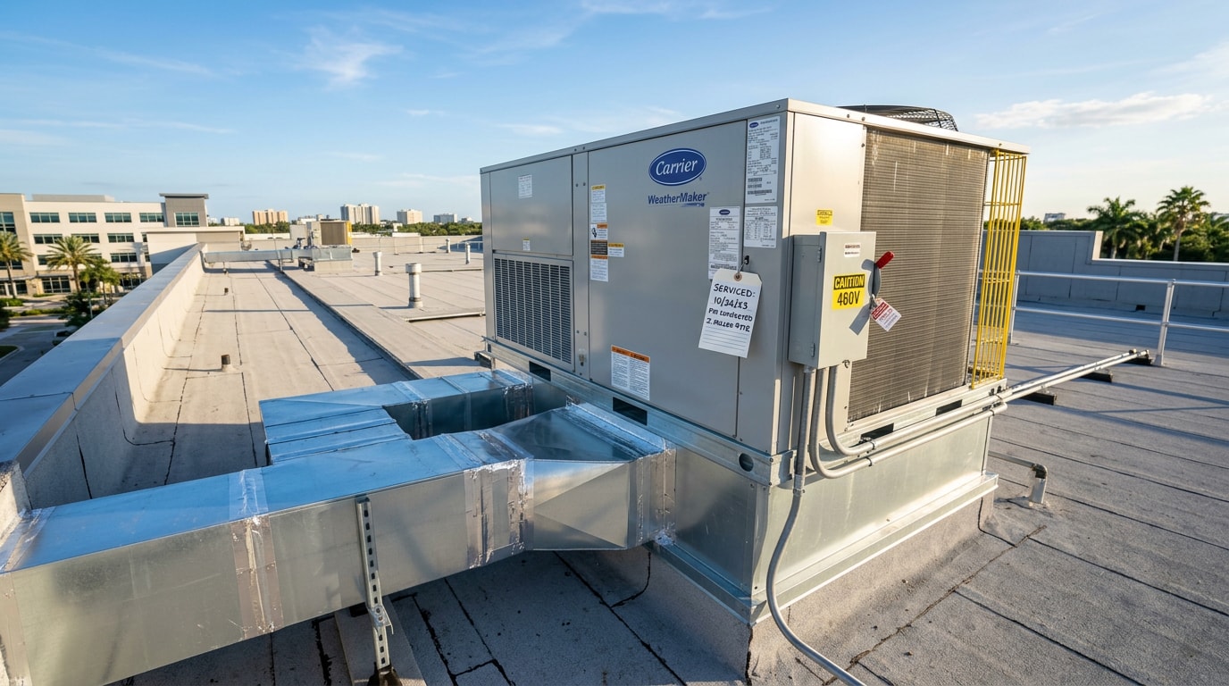 Commercial rooftop air conditioning unit on a Homestead, FL business Commercial rooftop air conditioning unit on a Homestead, FL business