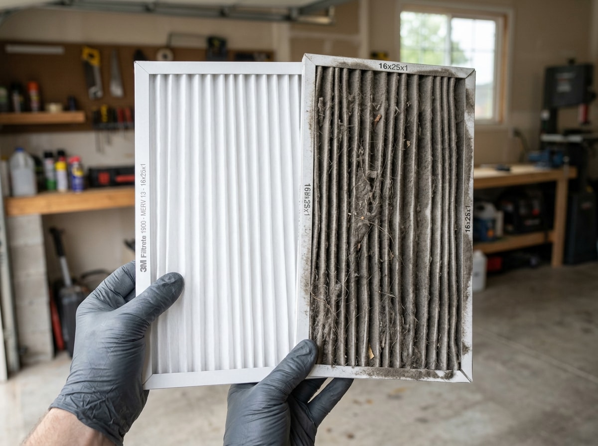 Technician's gloved hand holding a clean replacement furnace filter next to a dusty, clogged one