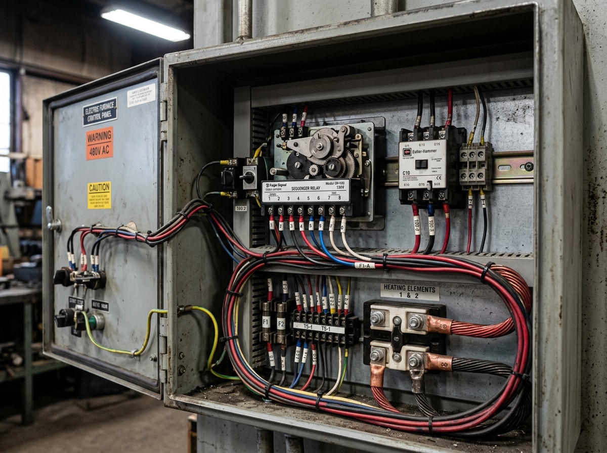 Close-up of an electric furnace's open control panel showing the sequencer and heating element contacts