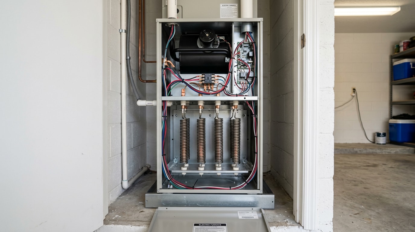 Residential electric furnace with access panel open showing heating elements