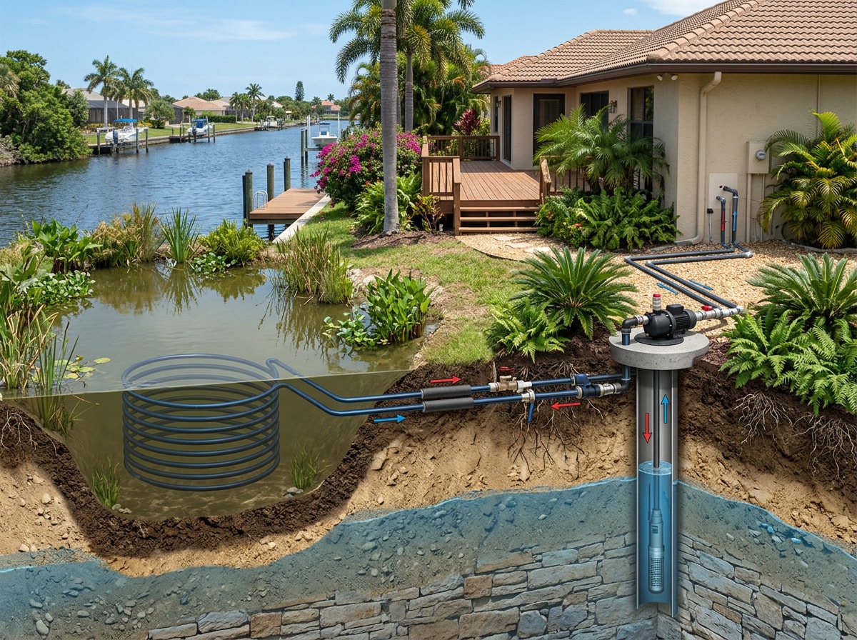 Diagram comparing pond loop and well water loop geothermal configurations for South Florida homes