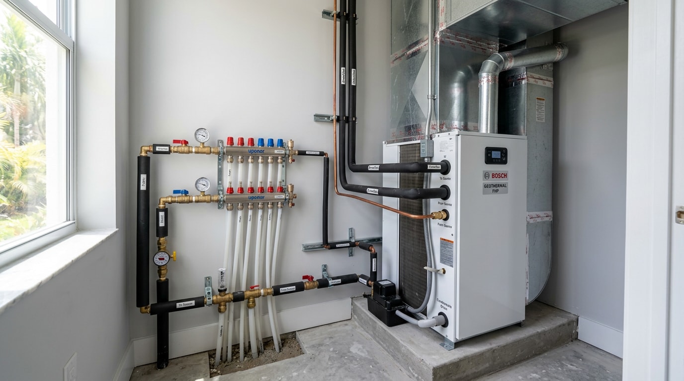 Indoor geothermal heat pump unit installed in a South Florida home mechanical room