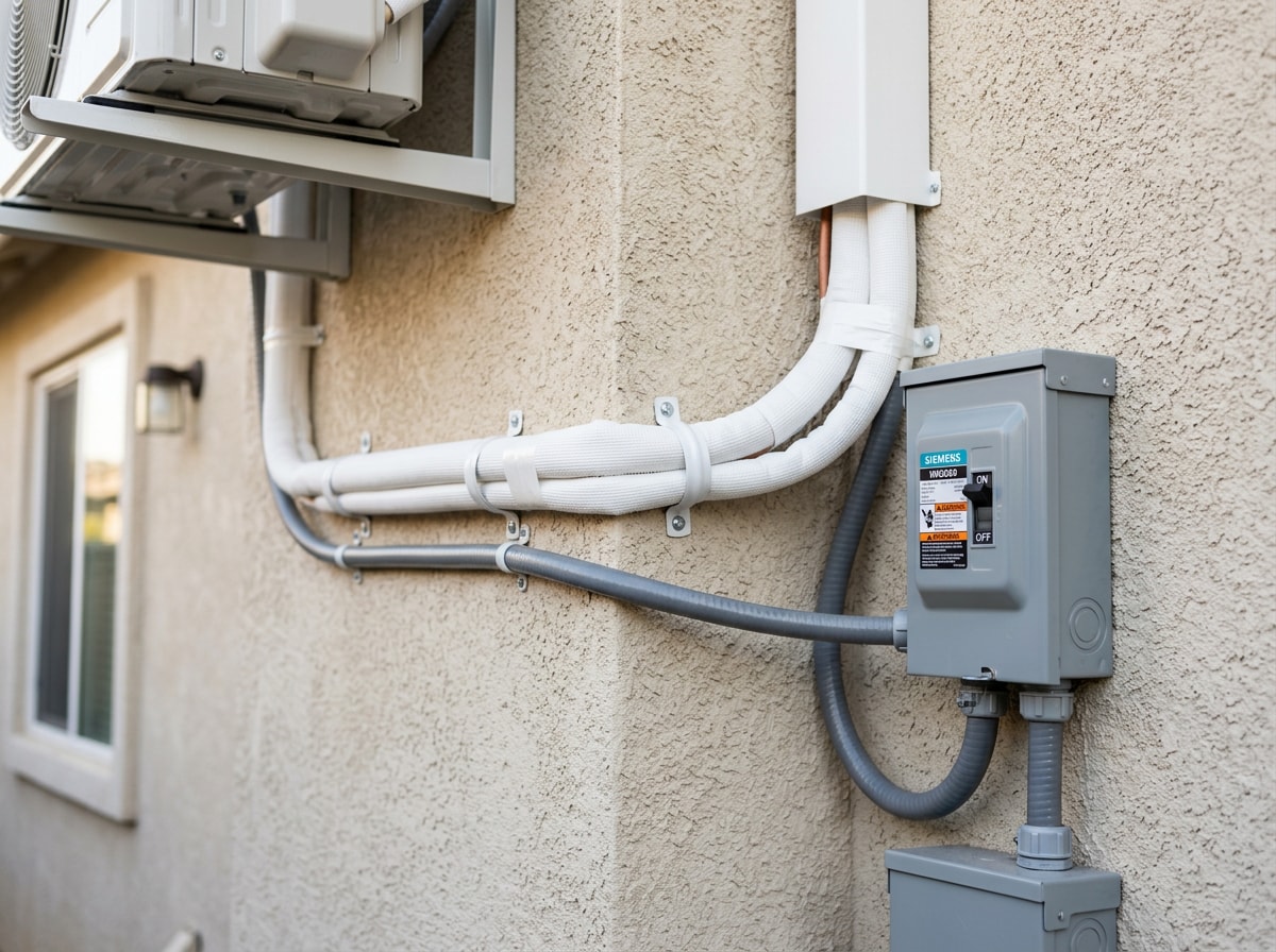 Insulated refrigerant line set and wall-mounted disconnect on a finished mini split installation
