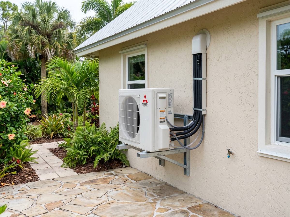 Outdoor multi-zone condenser with insulated line sets mounted on a wall bracket outside a South Florida home