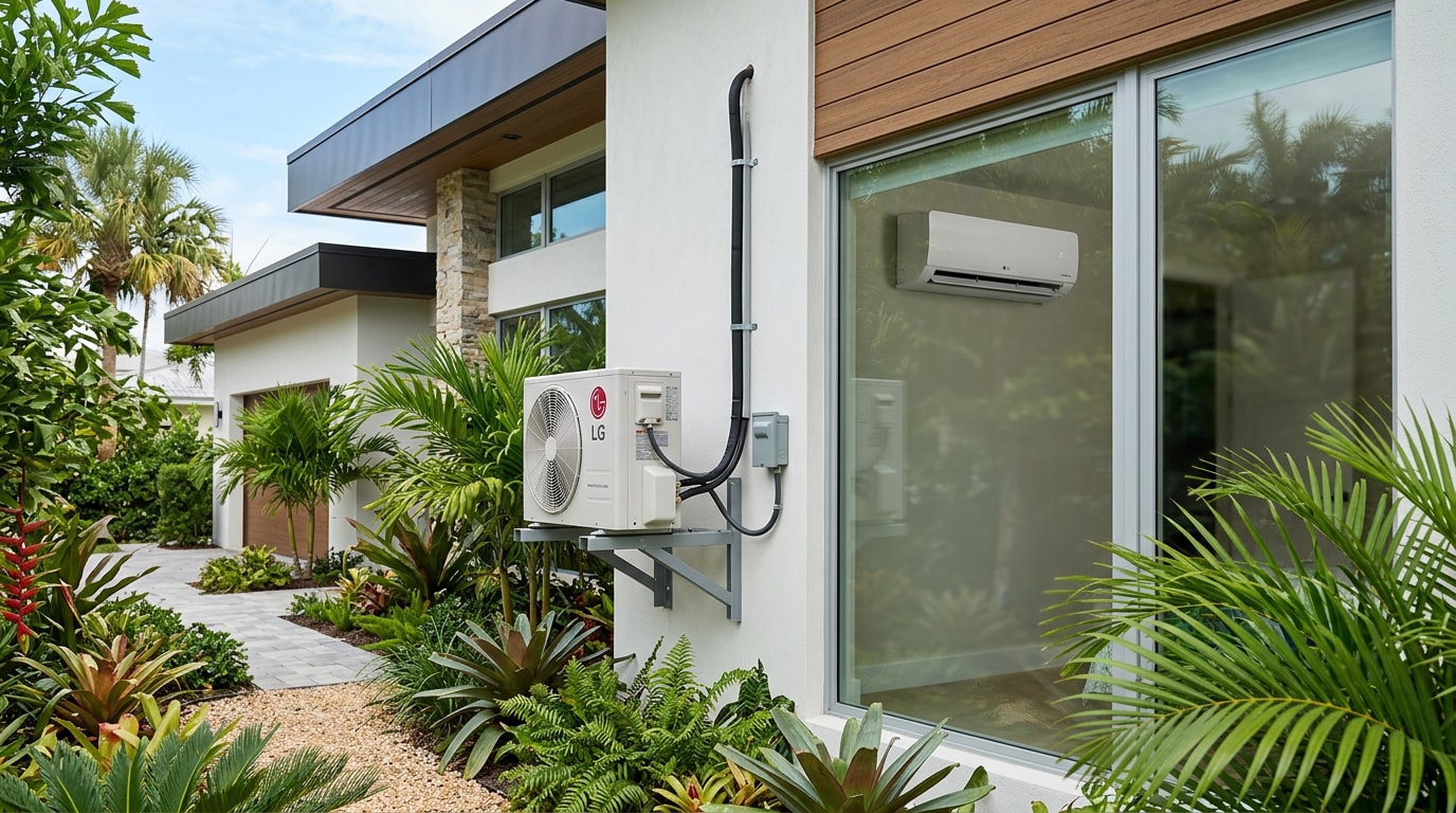 Wall-mounted ductless mini split indoor and outdoor units installed on a Hollywood, FL home