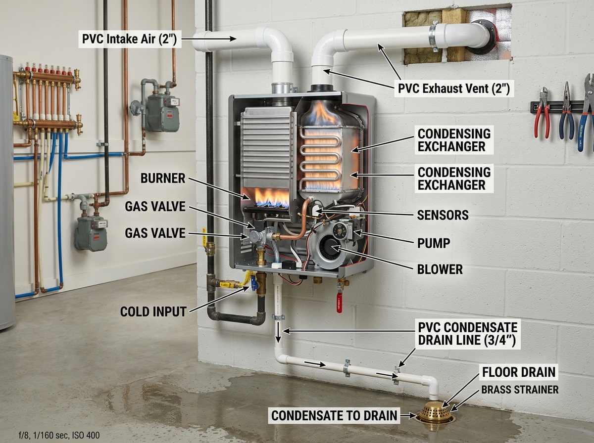 Condensing water heater venting and condensation drainage path