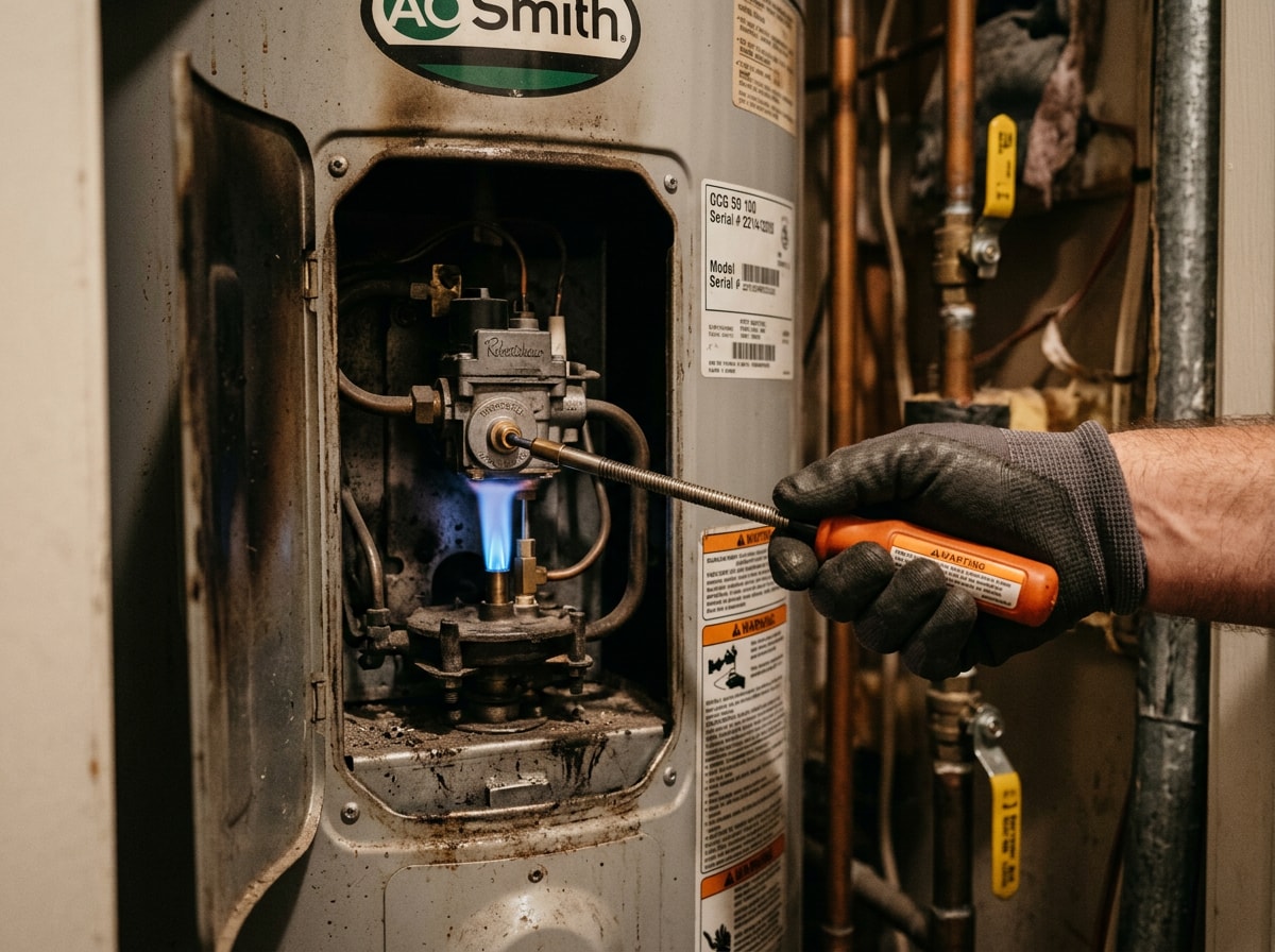 Technician relighting a gas water heater pilot assembly