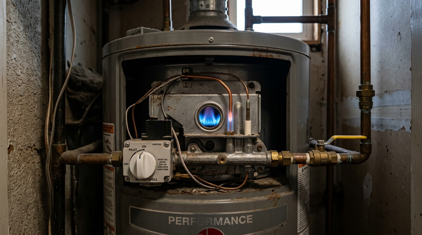 Gas water heater pilot light assembly with a steady blue flame visible through the sight glass