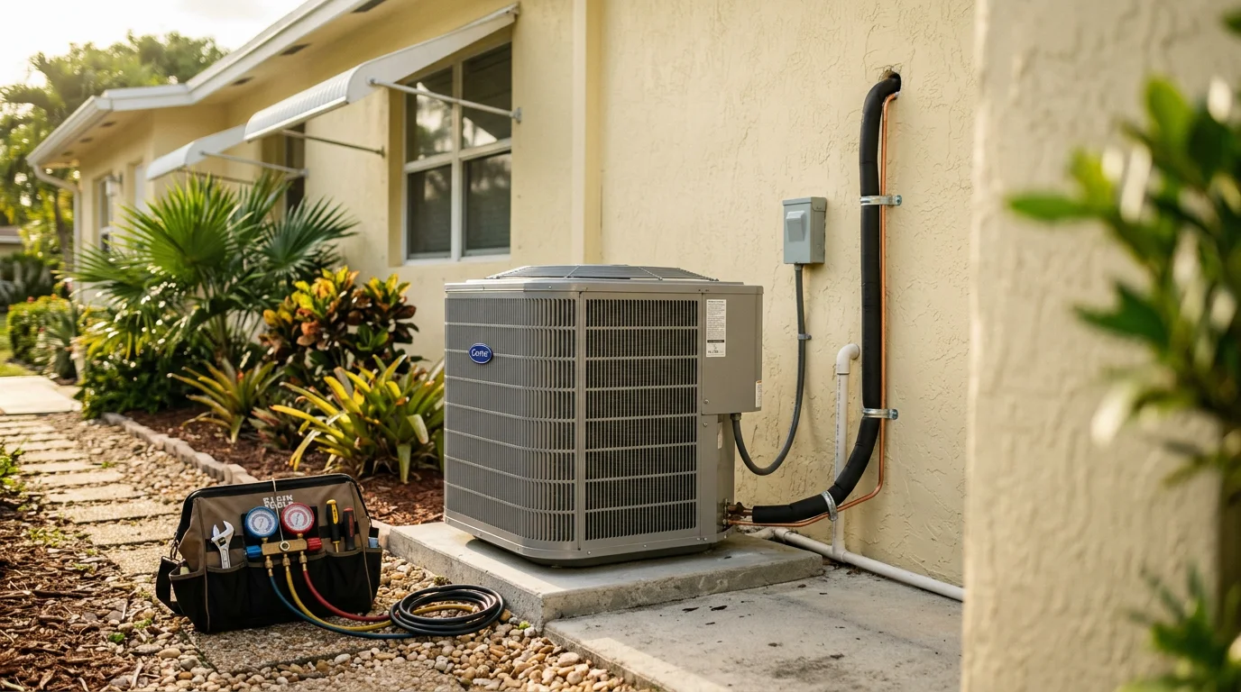 Air conditioning technician installing a new AC unit in a Miami home