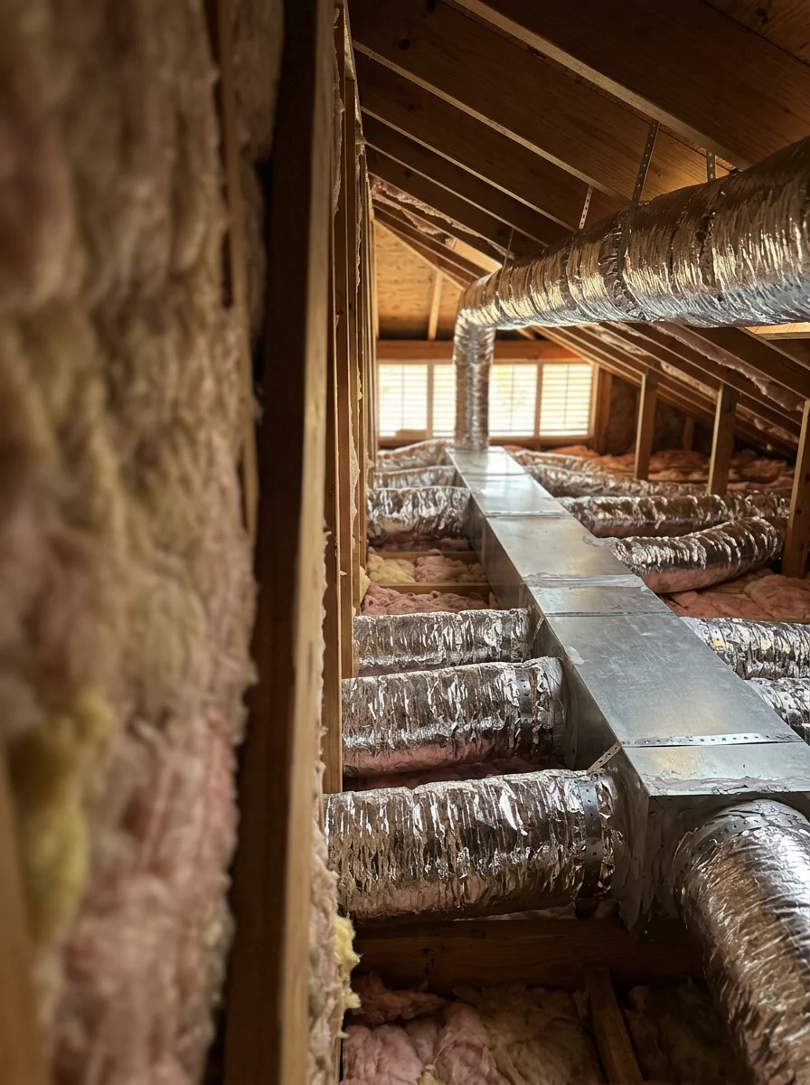 New ductwork being installed in the attic of a large West Boca Raton country club home, showing multiple duct trunks and flex runs in a spacious attic space.