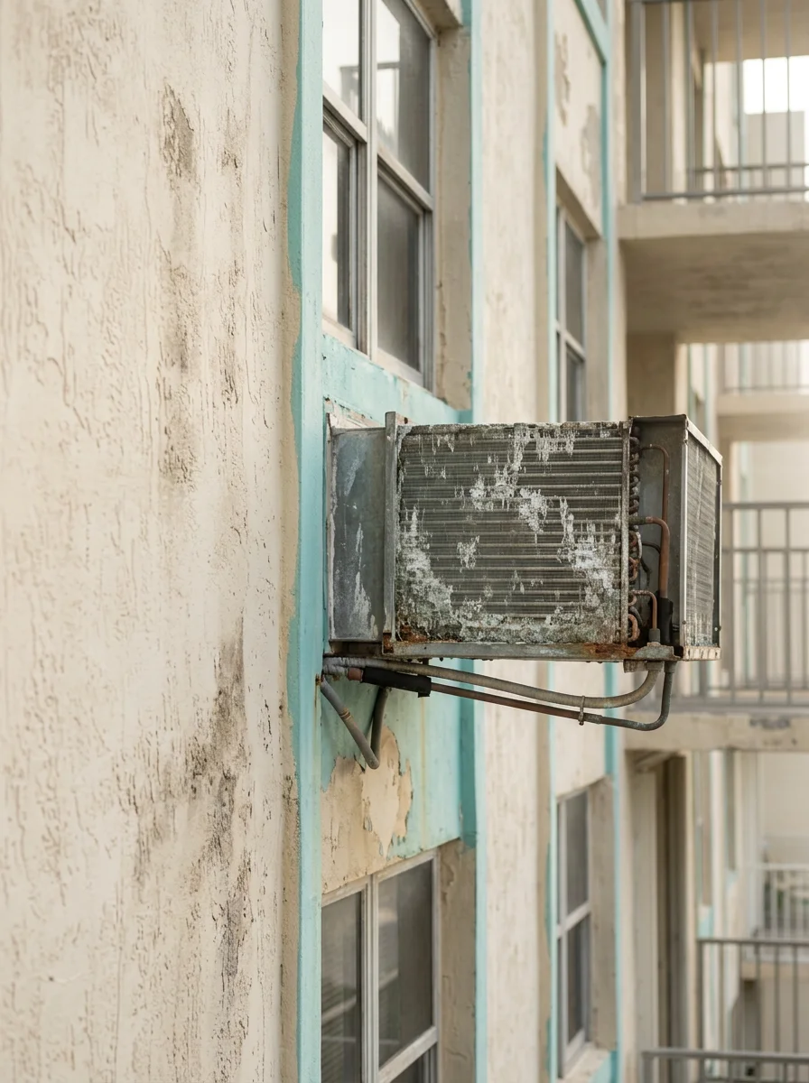 Corroded fan coil unit being removed from a 1970s-era Hallandale Beach condo building, showing salt air corrosion on coil fins and duct connections.