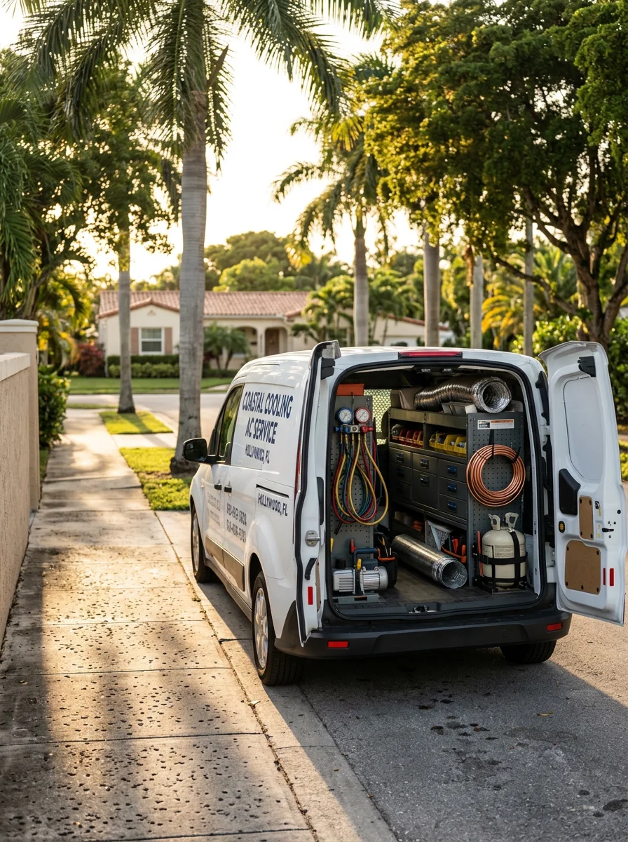Corroded galvanized metal ductwork being removed from the attic of an older Hollywood, Florida home, showing rust and failed duct joint connections.