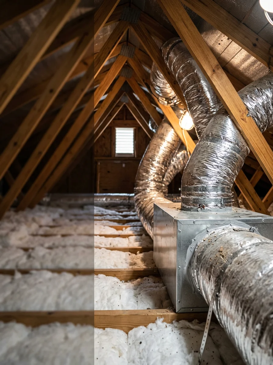 A technician inspecting flex ductwork in the attic of a post-1992 Homestead home, with insulation and duct connections visible.