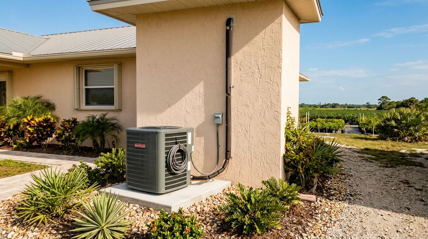 A residential air conditioning condenser unit installed beside a single-family home in Homestead, Florida, with flat terrain and clear blue sky visible in the background.