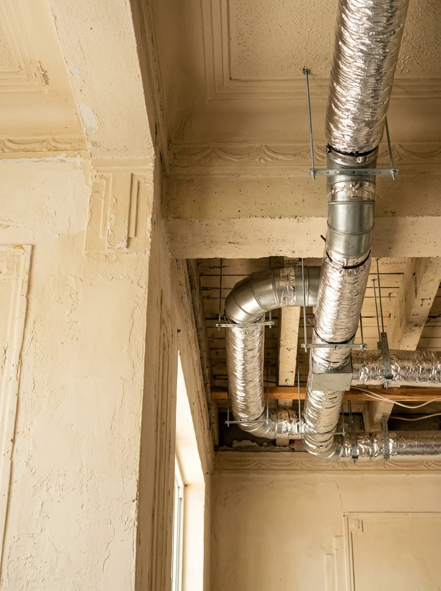 Custom ductwork being installed inside a Miami Beach Art Deco building, showing new flex duct runs navigating around concrete structural elements in a tight ceiling space.