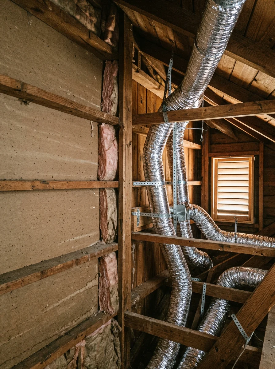 Ductwork installation in progress inside an older Miami home, showing new flex duct connections being secured in a tight attic space.