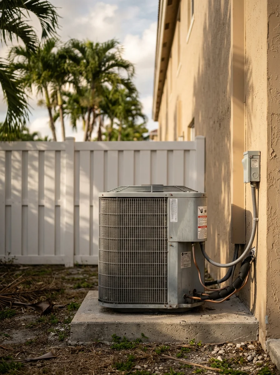 An outdoor AC condenser unit installed beside a Pembroke Pines townhome in a dense residential community, with a shared fence line and palm trees in the background.