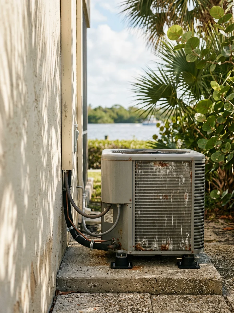 An outdoor AC condenser unit installed beside a waterfront home along the Intracoastal Waterway in West Palm Beach, with salt air exposure and palm trees in the background.