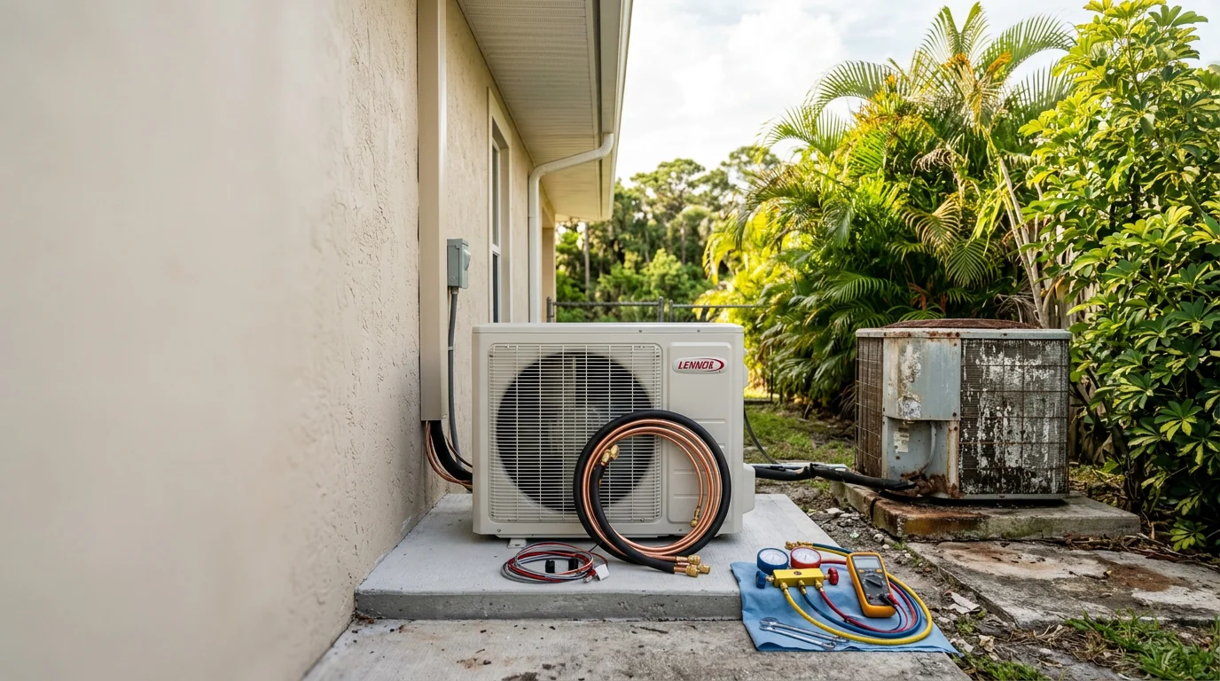 A new residential AC condenser unit installed outside a single-family home in Homestead, Florida, with clean refrigerant lines and a freshly mounted disconnect box. The surrounding yard shows typical South Florida landscaping with the flat terrain of Miami-Dade County visible in the background.