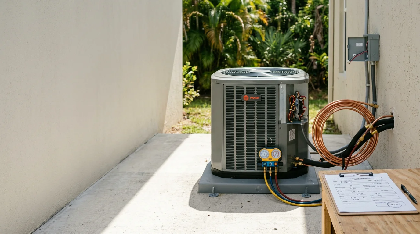 A newly installed central air conditioning system on the exterior of a residential property in Homestead, Florida, with clean copper line sets and a properly mounted outdoor condenser unit. A technician from Orange State AC LLC inspects the installation connections in a South Florida backyard setting.