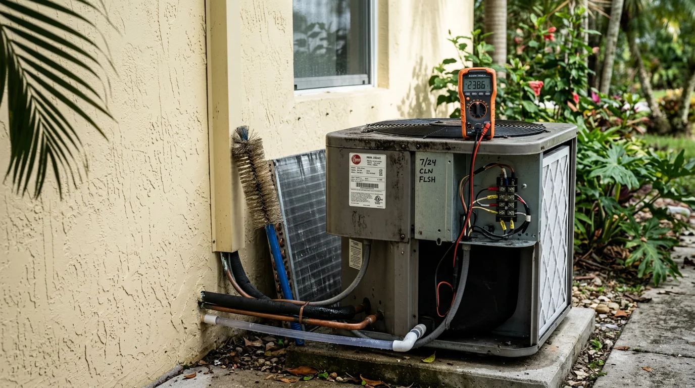 An Orange State AC LLC technician cleaning the evaporator coil and inspecting the air handler unit inside a Homestead, Florida home during a routine air conditioning maintenance visit. The outdoor condenser unit is visible through the window in the background.