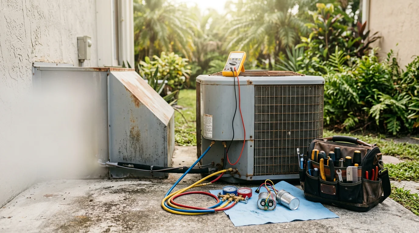 An Orange State AC LLC technician inspecting an outdoor condenser unit at a residential property in Homestead, Florida. The technician is checking electrical connections on a unit showing signs of wear from South Florida's heat and humidity.
