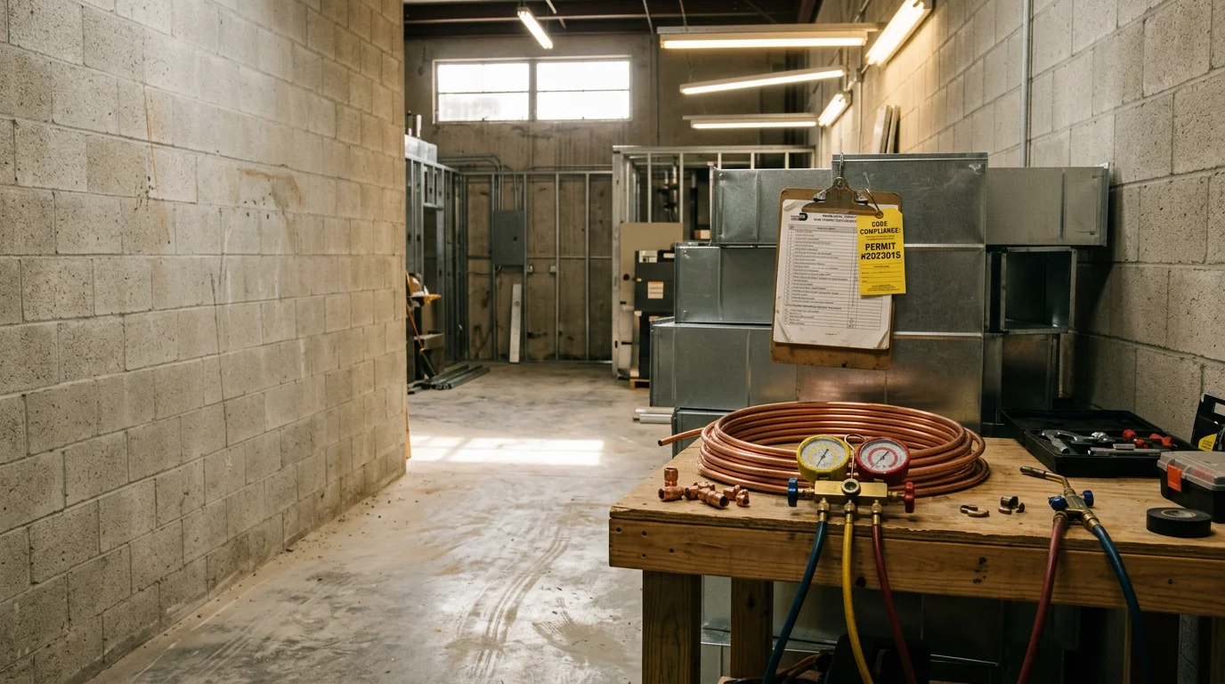Commercial mechanical contractor installing large-scale HVAC and piping systems inside a commercial facility in Homestead, Florida. Overhead ductwork and mechanical infrastructure visible in an open commercial build-out space.