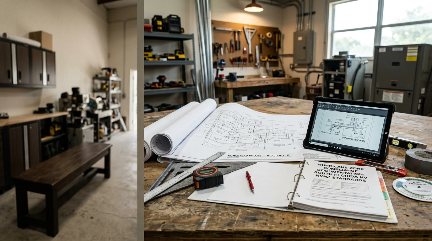 Mechanical design drawings and system layout plans spread across a work table at a South Florida commercial construction site in Homestead. A mechanical contractor reviews duct routing and equipment placement details for a complex multi-zone building project.