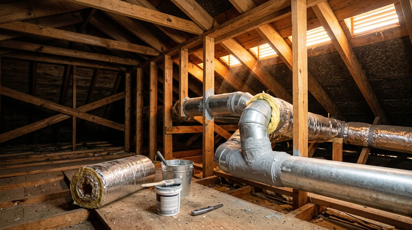A technician from Orange State AC LLC sealing and insulating ductwork inside a residential attic in Homestead, Florida. The image shows properly wrapped and sealed duct runs in a South Florida home's attic space.