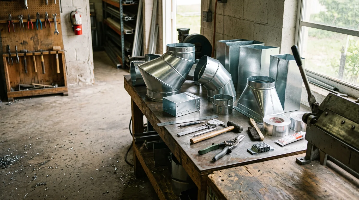 A sheet metal contractor fabricating a custom duct transition section for a residential HVAC system in Homestead, Florida. Finished duct pieces are staged on a work surface, ready for installation in a South Florida home.