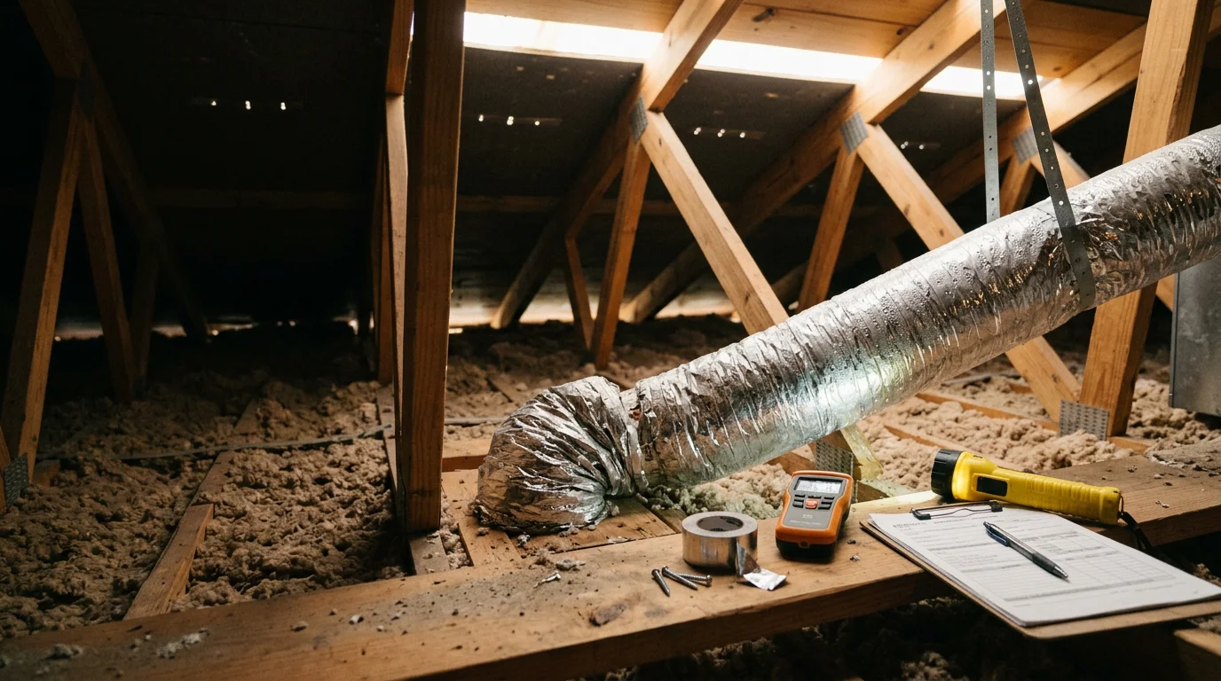 Orange State AC LLC technician inspecting flexible ductwork in a South Florida attic, checking joints and connections for leaks and moisture damage in a Homestead home.