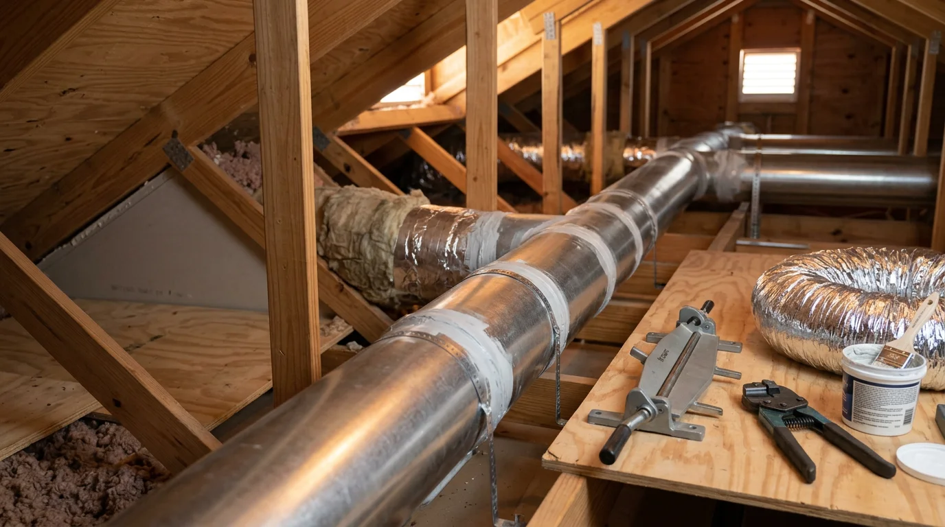 Sheet metal ductwork being installed in the attic of a residential home in Homestead, Florida, with visible trunk lines and branch runs connected to ceiling registers. A mechanical contractor works on securing duct joints in a new construction setting under a Miami-Dade roofline.